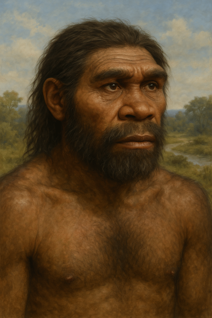 Realistyczny portret Homo erectus soloensis z Jawy – rekonstrukcja prehistorycznego mężczyzny na tle tropikalnego krajobrazu.