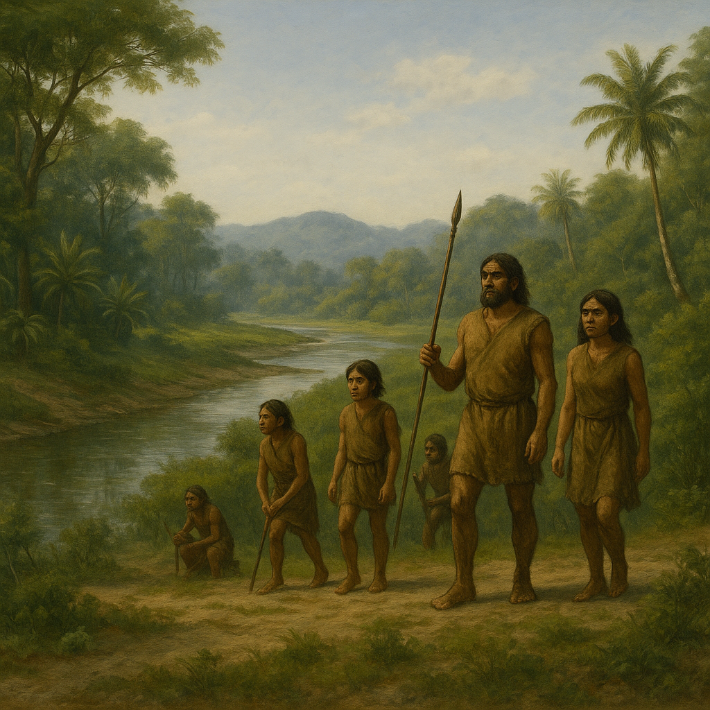 Ilustracja przedstawiająca grupę pięciu Homo erectus soloensis przemierzających tropikalną dolinę rzeczną. W tle widoczne są wzgórza, palmy i spokojnie płynąca rzeka. Postacie ubrane są w proste stroje z wyprawionych skór, a jedna z nich niesie włócznię.