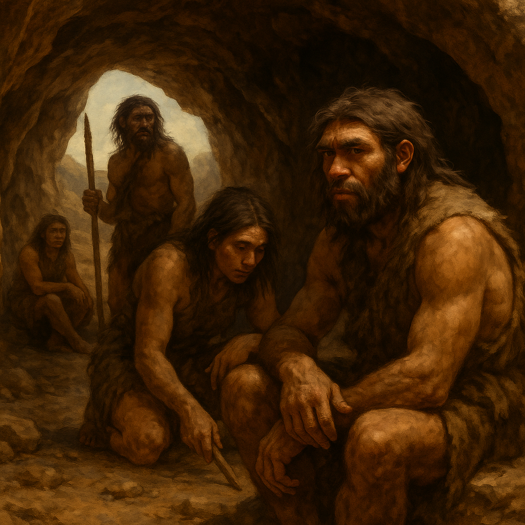 Grupa Denisowian w jaskini – ilustracja wygenerowana przez AI przedstawiająca mężczyzn i kobiety epoki kamienia, ubranych w skóry, siedzących i klęczących w skalnym schronieniu.