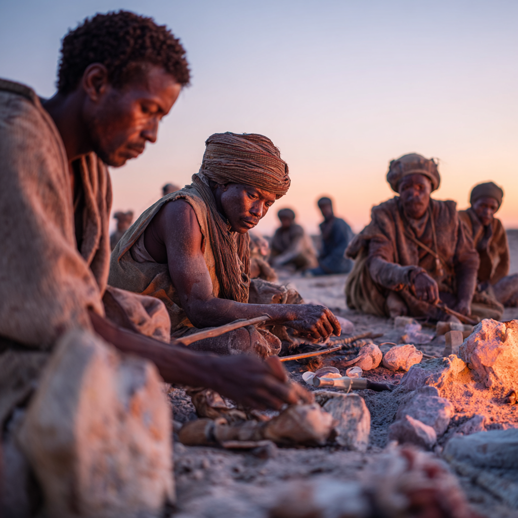 Buszmeni z ludu San w tradycyjnym obozie na pustyni Kalahari: ognisko, łuki, malowidła naskalne, rytuały. Kultura afrykańska i dziedzictwo Homo sapiens. Sztuka inspirowana antropologią.