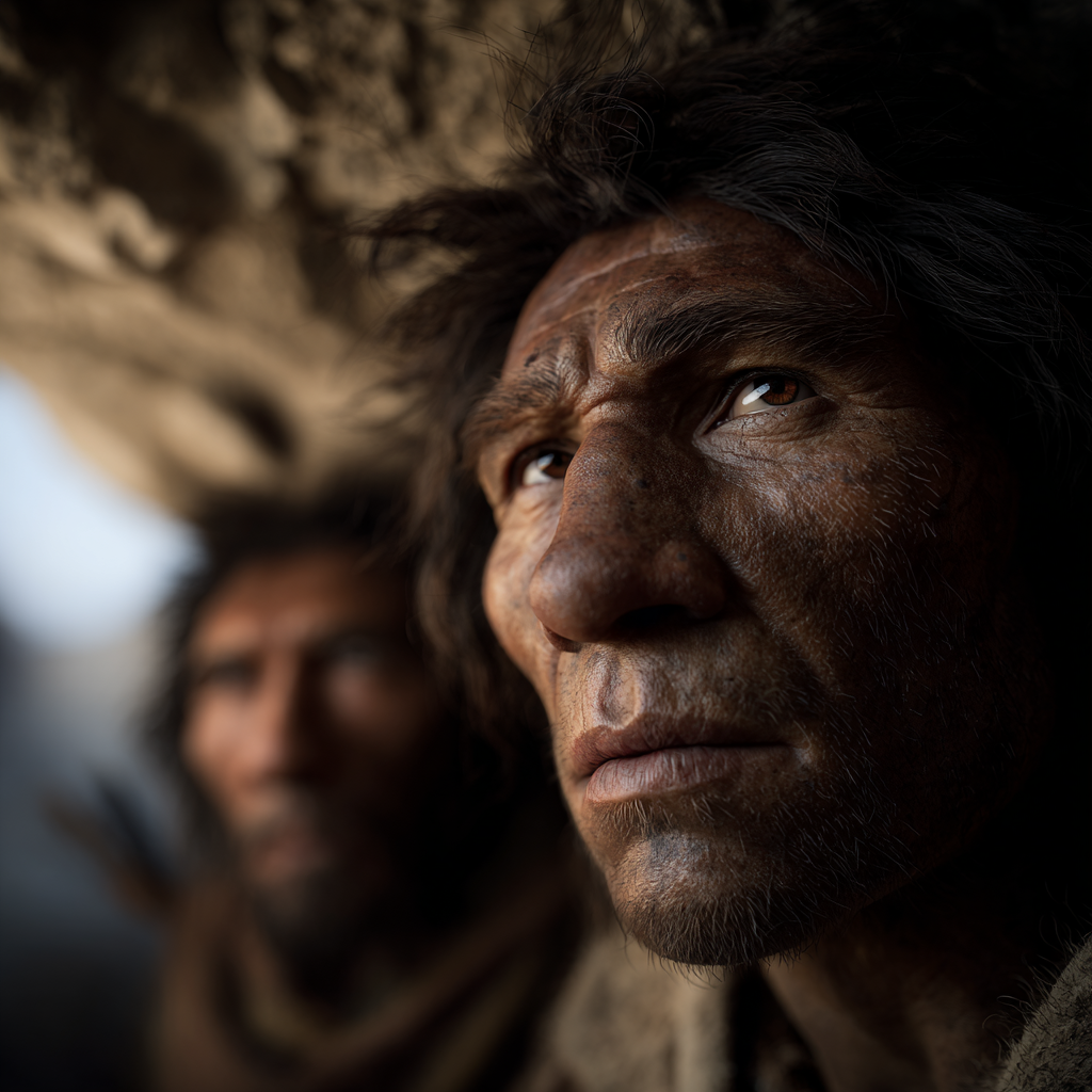 Rekonstrukcja wyglądu Denisowianina – mężczyzna o szerokiej twarzy, masywnej szczęce, dużym nosie, ciemnych oczach i włosach, z naukowcami badającymi kości w tle. Obraz wygenerowany w MidJourney, licencja CC-BY-SA 4.0.