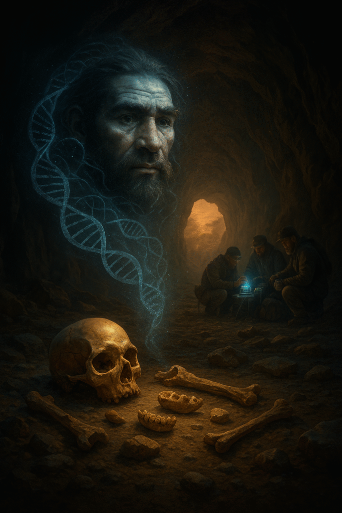 Twarz Denisowianina wyłaniająca się z DNA nad czaszką i kośćmi w jaskini; naukowcy badają szczątki Denisowian – obraz ilustrujący temat: Denisowianie wygląd.