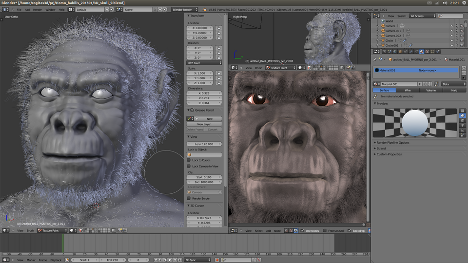 Cyfrowy model Homo habilis wykonany w Blenderze 3D – realistyczna rekonstrukcja głowy i twarzy człowieka pierwotnego o niskim czole i masywnej budowie.