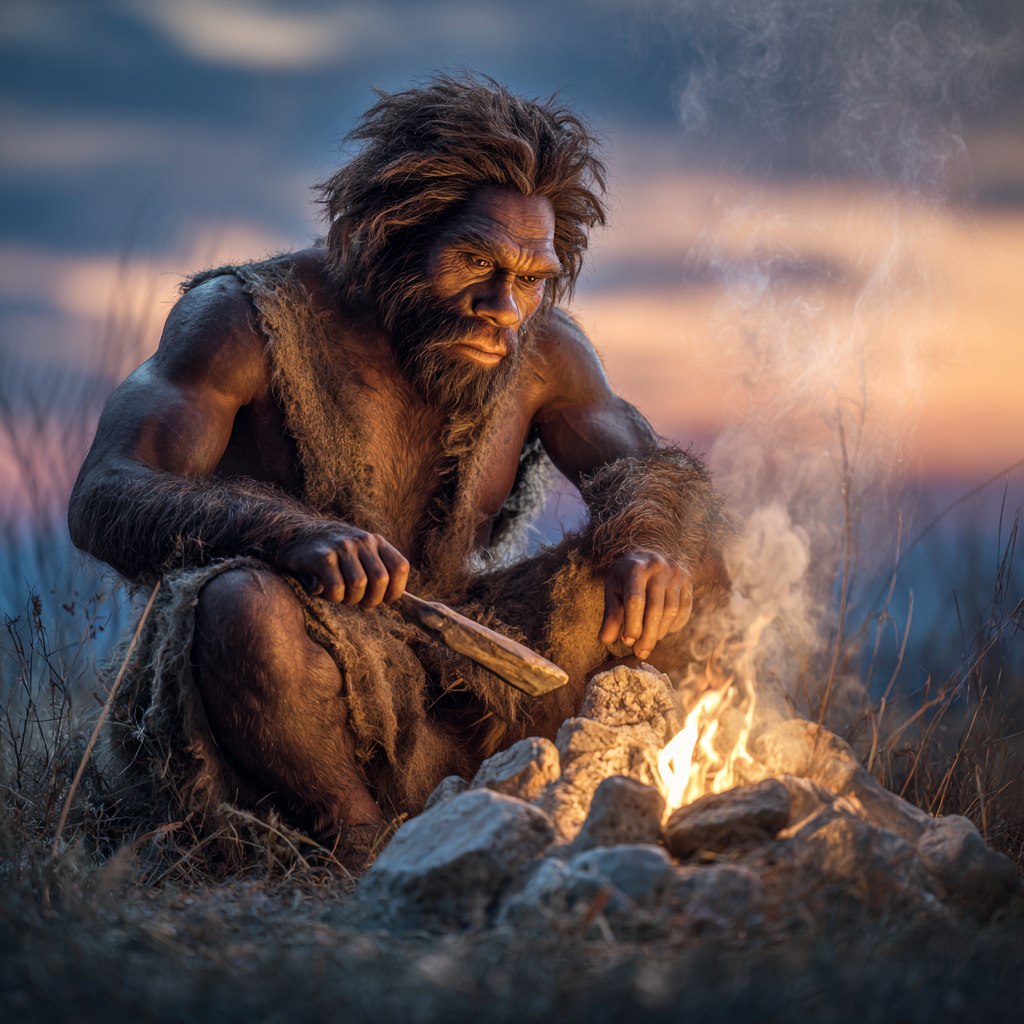 Rekonstrukcja Homo heidelbergensis – człowiek o szerokiej twarzy, masywnych łukach brwiowych i muskularnej sylwetce, pracujący przy narzędziach kamiennych w jasnym, realistycznym krajobrazie. Styl National Geographic, wygenerowane w MidJourney, licencja CC-BY-SA 4.0.