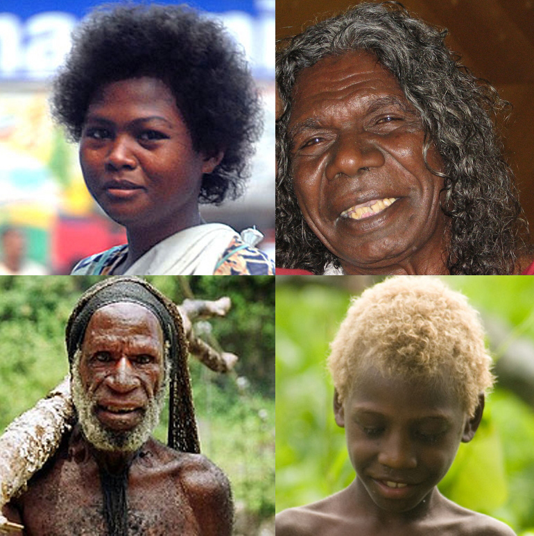 Kolaż przedstawiający cztery osoby z Azji Południowej i Australazji – Negrito, Aborygen, Papuas i Melanezyjczyk z blond włosami z Vanuatu – jako potomków pierwszej fali migracji Homo sapiens.