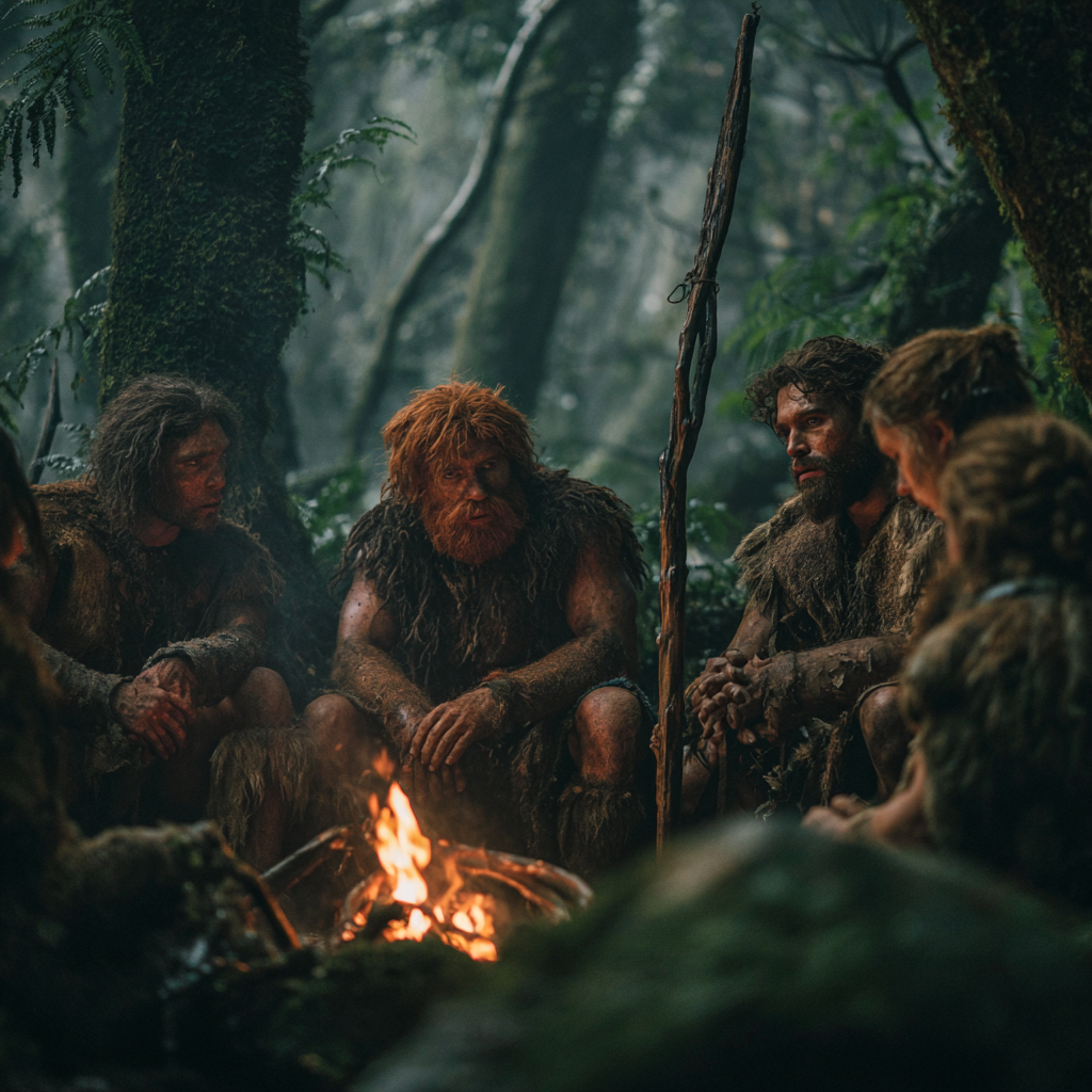 Grupa Neandertalczyków siedzi przy ognisku w lesie; dwóch mężczyzn z rudymi włosami i brodami, pozostali z brązowymi włosami i oczami. Wszyscy ubrani w skóry. Obraz stworzony przez AI.
