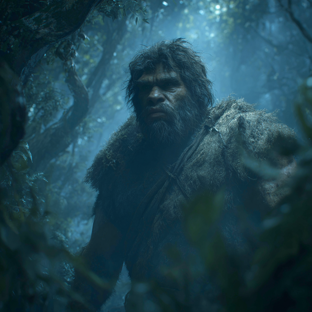 Samotny Neandertalczyk w lesie, jego charakterystyczny wygląd to krępa budowa ciała, szerokie barki, wydatne łuki brwiowe i szeroki nos, ubrany. Obraz stworzony przez AI.
