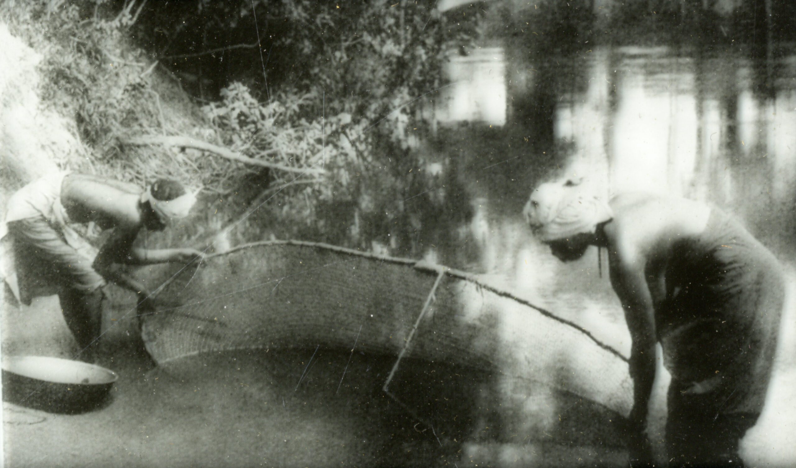 Czarno-białe zdjęcie dwóch kobiet łowiących ryby w płytkiej wodzie w Sierra Leone w 1935 roku, wykonane przez antropologa Sjoerda Hofstrę podczas badań terenowych w Afryce Zachodniej.