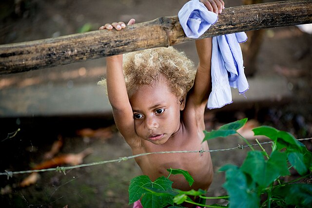 Melanezyjczycy - chłopiec o blond włosach i ciemnej skórze, portret wykonany w Vanuatu