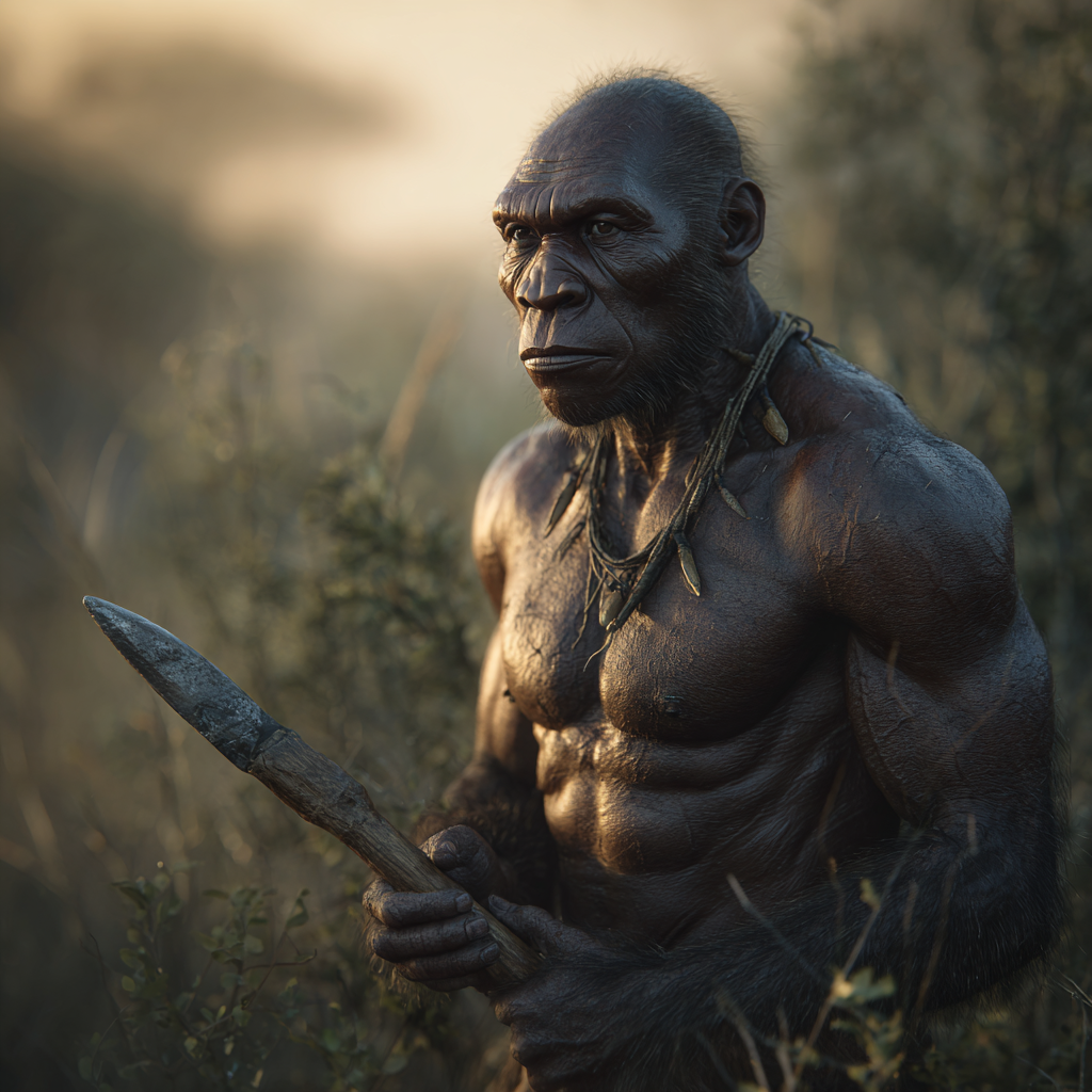 Fotorealistyczna rekonstrukcja Homo erectus stojącego na afrykańskiej sawannie. Hominin o ciemnej skórze, wydłużonej czaszce i mocnej budowie ciała trzyma w dłoni kamienny pięściak. Tło przedstawia naturalny krajobraz sawanny. Obraz w stylu National Geographic, paleoart.