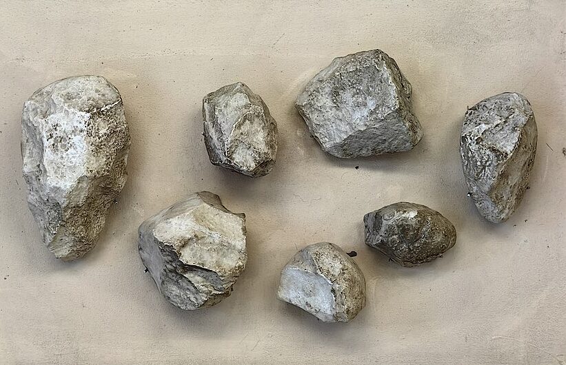 Zestaw prostych narzędzi kamiennych kultury olduwajskiej, w gablocie muzealnej w Moskwie, odkrywających cechy Homo habilis.