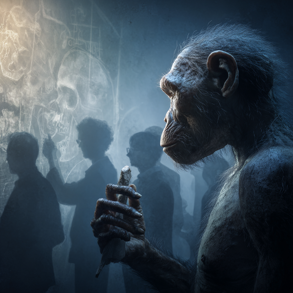 Rekonstrukcja Homo habilis z prostym narzędziem kamiennym, w tle sylwetki naukowców debatujących nad kontrowersjami jego miejsca w ewolucji.