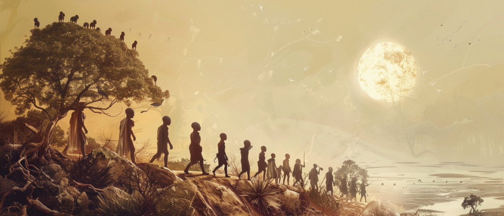 Symboliczny obraz przedstawiający ewolucję koloru skóry u człowieka – od ciemnej karnacji w Afryce po zróżnicowanie barwy skóry podczas migracji na inne kontynenty.