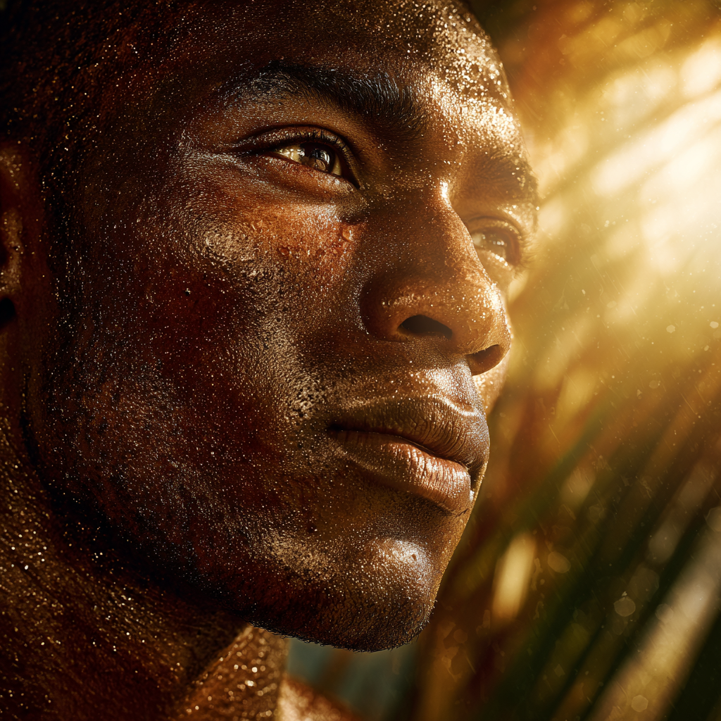 Fotorealistyczny portret ciemnoskórego człowieka w tropikalnym słońcu – symbol adaptacji Homo sapiens i ochronnej roli melaniny.