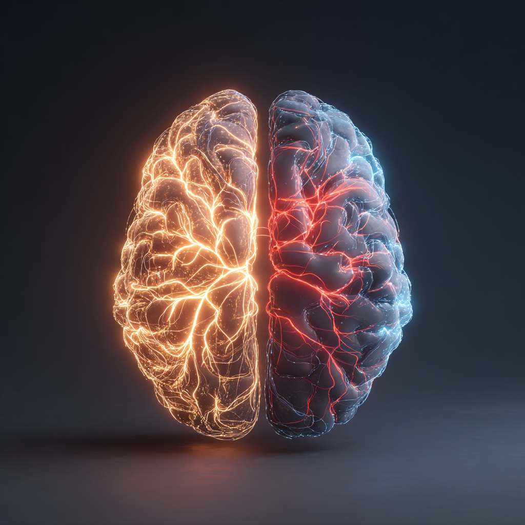 Ilustracja półkul mózgu – artystyczne przedstawienie asymetrii i lateralizacji związanej z lewo- i praworęcznością.