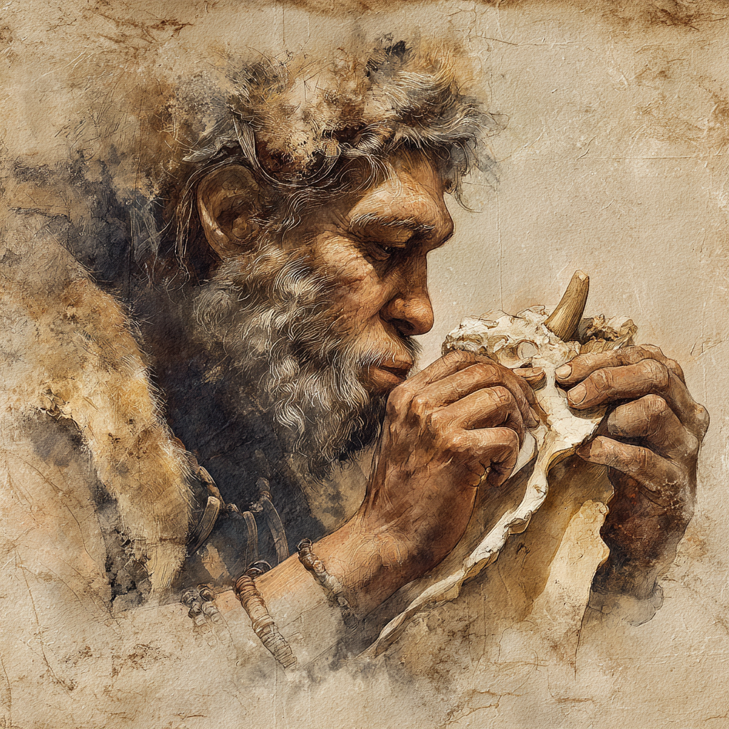 Leworęczność - Neandertalczyk pracujący narzędziem – ilustracja AI