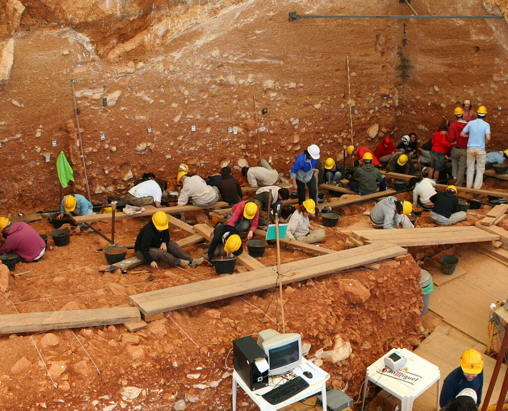 Wykopaliska archeologiczne w jaskini Gran Dolina w Atapuerca w Hiszpanii, gdzie odkryto szczątki Homo antecessor. Na zdjęciu archeolodzy pracują na stanowiskach TD-10 i TD-6 w 2008 roku.