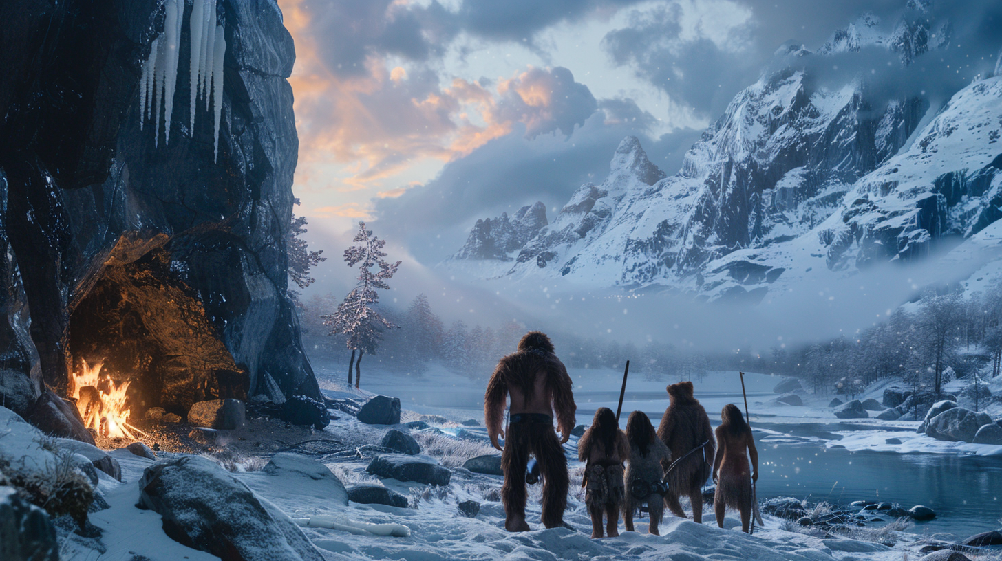 Mała grupa Neandertalczyków przy ognisku w lodowatej dolinie – wizualizacja chowu wsobnego Neandertalczyków i izolacji genetycznej.