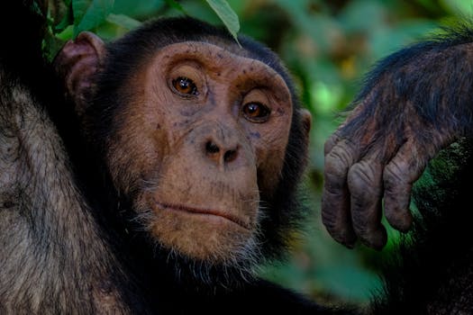 Intimate close-up of a chimpanzee relaxing in its natural habitat, showcasing its expressive face and behavior.