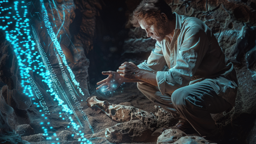 Archeolog bada kości Neandertalczyków w jaskini Denisowa, obok wizualizacji genomu z zaznaczonymi odcinkami homozygotycznymi – symboliczny obraz chowu wsobnego Neandertalczyków.