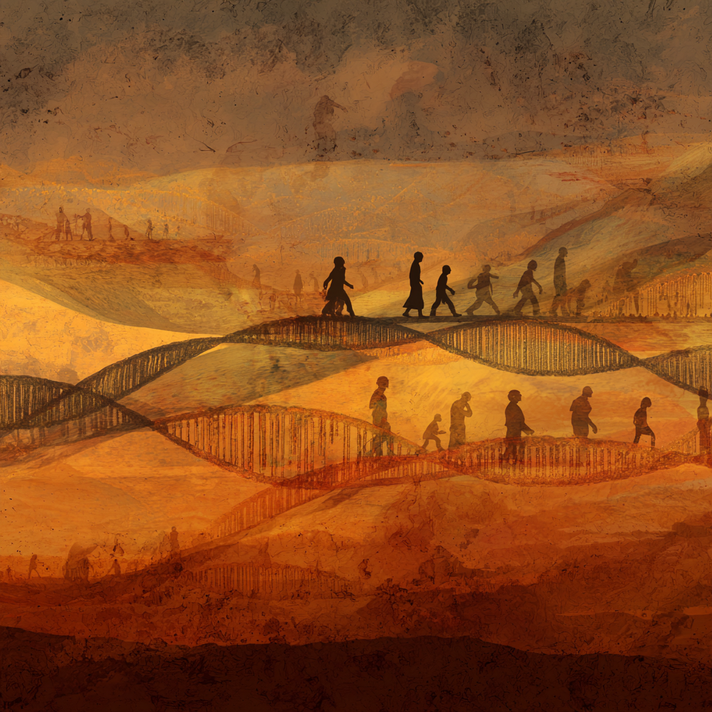 Ilustracja przedstawia naukowców analizujących DNA wymarłych gatunków człowieka w laboratorium, zastanawiając się, czy w przyszłości uda się odtworzyć wymarłe gatunki człowieka.