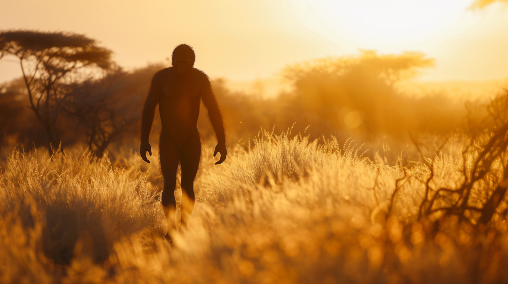 Homo habilis wędrujący przez suchą afrykańską sawannę