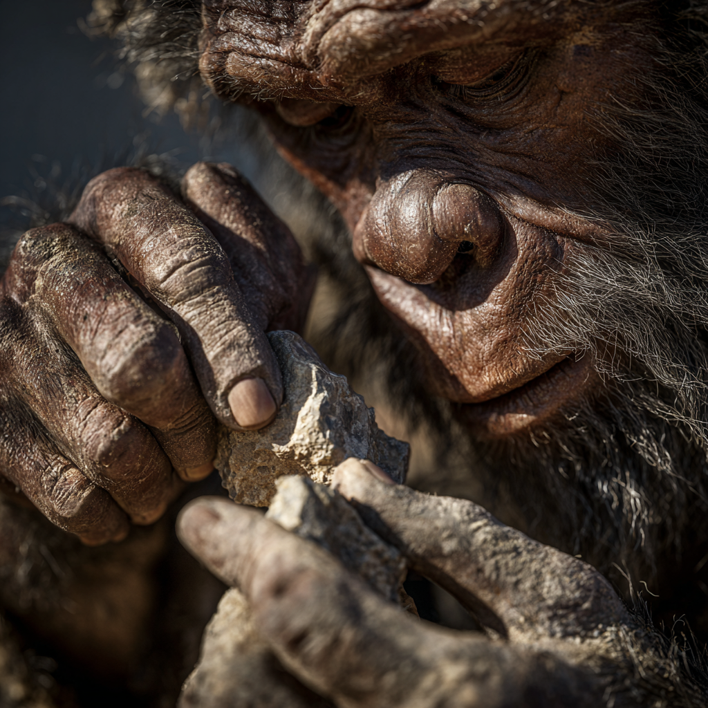 Homo habilis kształtujący narzędzia w Olduvai