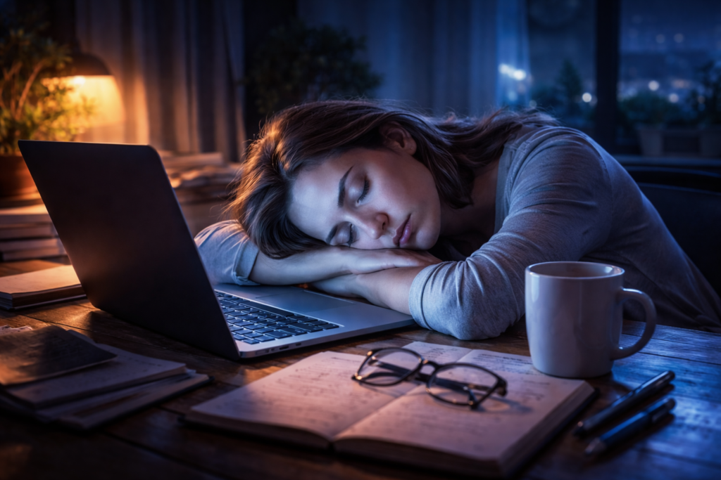 Osoba śpiąca przed laptopem, zmęczenie po pracy