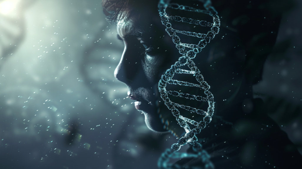 Podwójna helisa DNA wyłaniająca się z sylwetki