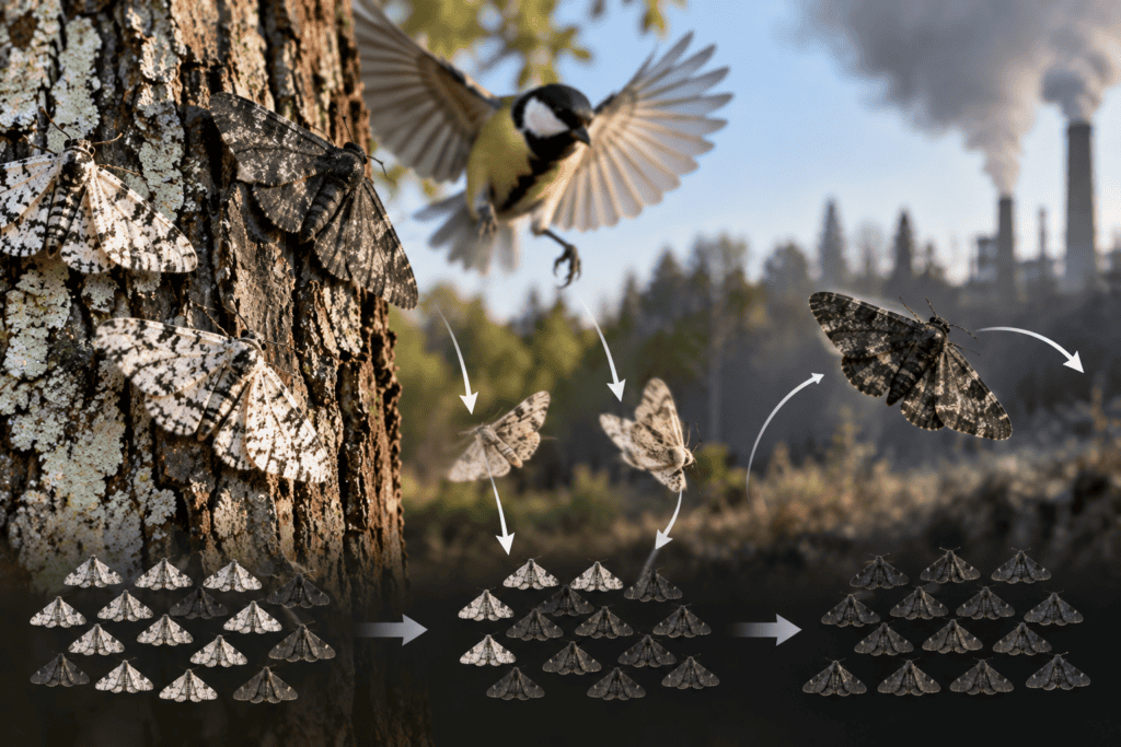 Ilustracja przedstawiająca dobór naturalny w przyrodzie